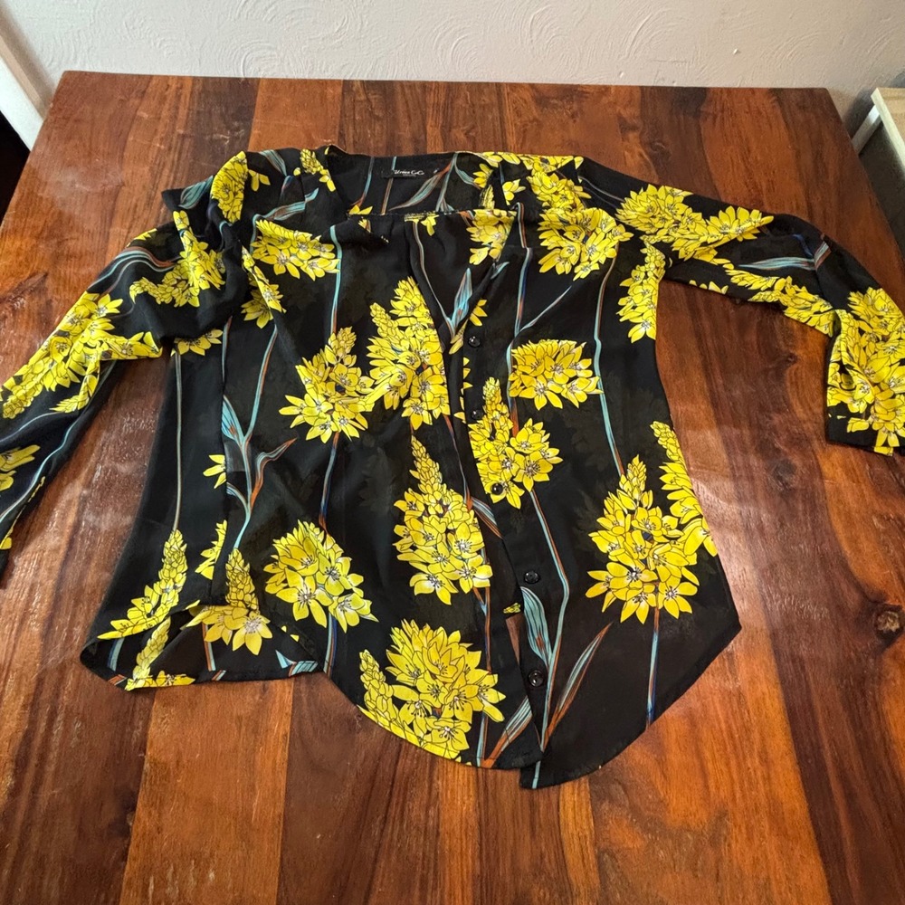 Urban CoCo Womens Small Black Yellow Floral Chiffon Button Down Blouse Top